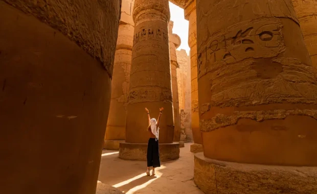 Hieroglyph-covered columns at Karnak Temple during the guided East Bank tour in Luxor