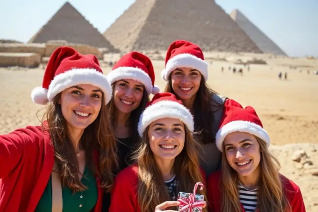 Ragazze festeggiano il Natale alle Piramidi, capodanno al cairo