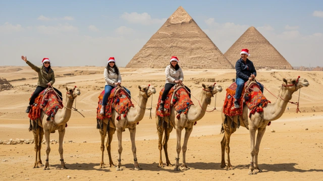 group of tourist at the pyramids, Trip to Egypt in December