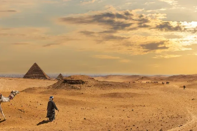 le piramidi di Giza e cammelli, egitto a marzo