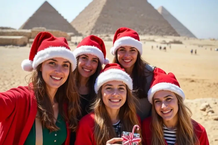 Ragazze festeggiano il Natale alle Piramidi, capodanno al cairo