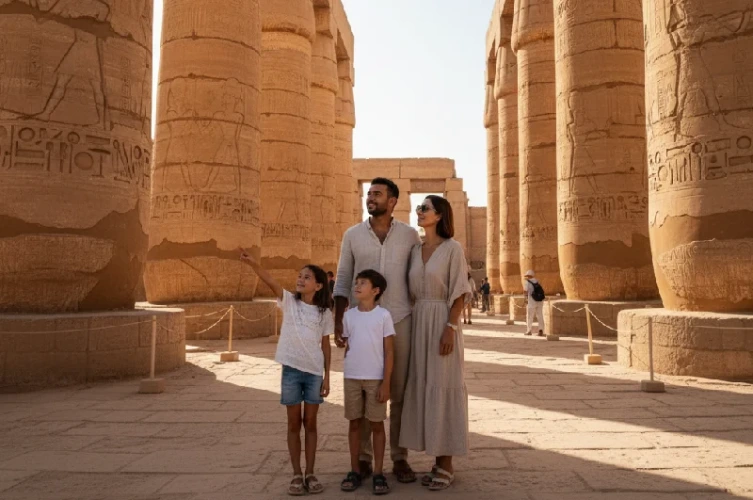 una familia en el templo de luxor en el Circuito Egipto 8 Días
