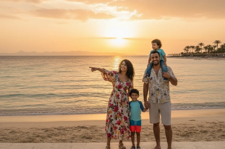 Una familia disfruta en la playa de Hurghada.