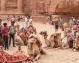 Petra, a ciudad de Wadi Musa, Jordania. Los camellos descansan en la plaza frente al Khazneh, un templo nabateo en el reino nabateo de Petra, en la ciudad de Wadi Musa en Jordania.