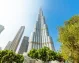 Low-angle view of the towering Burj Khalifa in Dubai.