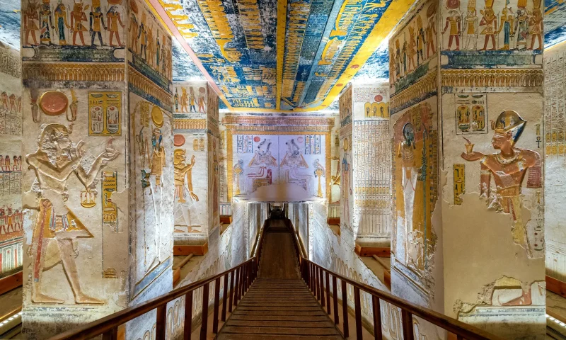 Desert cliffs and royal tomb entrances in the Valley of the Kings near Luxor.