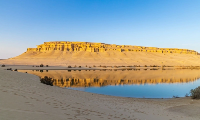 Reflections in Qarun Lake in the desert at Faiyum Oasis, Fayoum Egypt