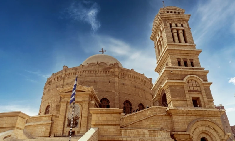 Old church steeple against a clear blue sky, Coptic Cairo
