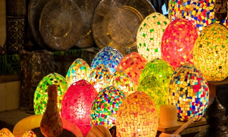 Egg shaped and metallic lamps on display in Khan Al Khalili bazaars, Khan El Khalili