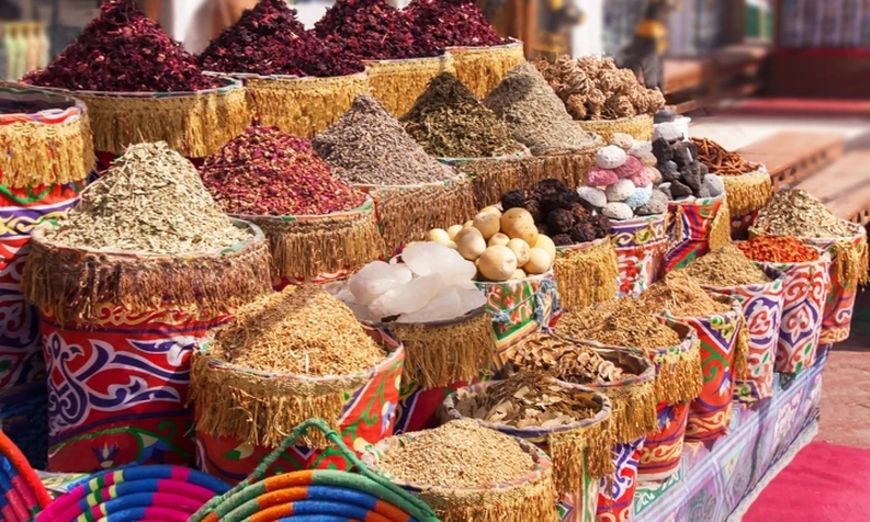 Piles of herbs and spices at market, Khan El Khalili