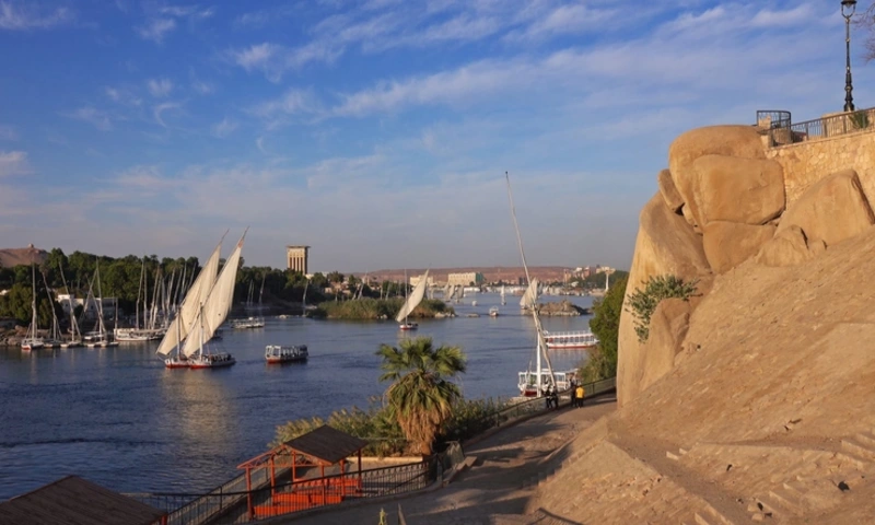 Felucca boats on Nile river in Aswan Egypt, Christmas in Egypt