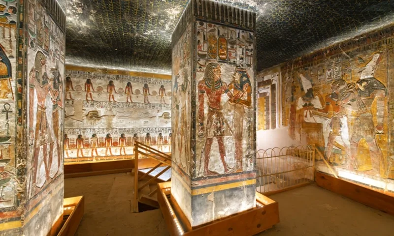 Interior view of the upper pillared hall in the ancient tomb, Gold Mask of Tutankhamun