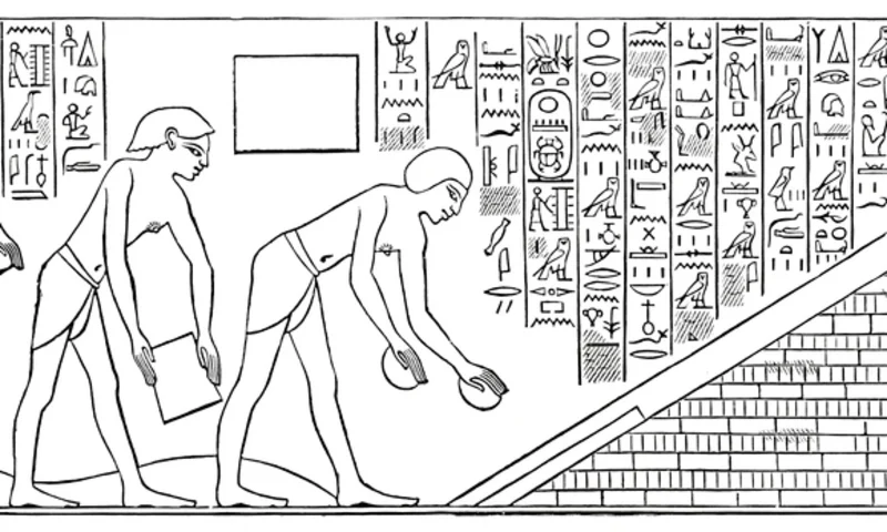Hieroglyphics of worker bulding a pyramid for egyptian pharaoh, Unfinished Obelisk