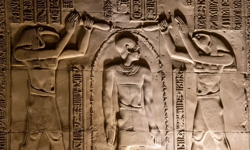 Relief of Thoth and Horus purifying Pharaoh Ptolemy at Kom Ombo Temple, Egyptian myths