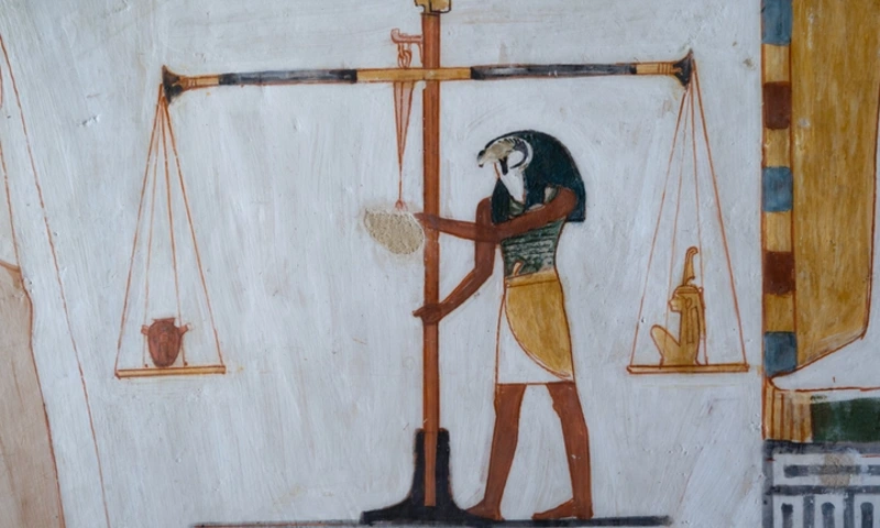 The god Horus weighs a heart against Maat in final judgment, Egyptian myths