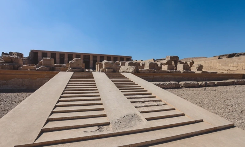 Outdoor View to an Ancient Egyptian temple of Seti I also known as the Great Temple of Abydos, Temple of Osiris