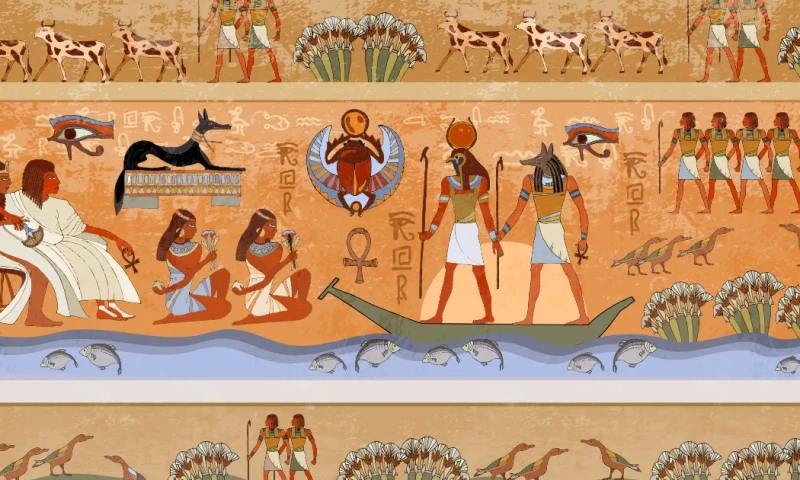 Escena del Antiguo Egipto con dioses, faraones y relieves jeroglíficos en los muros de un templo, Faraones egipcios