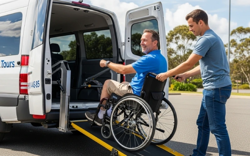   A man in a wheelchair enters a white accessible van via a yellow ramp, assisted by another man, with 