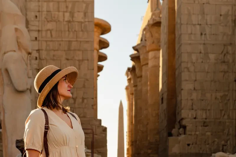 una donna nel tempio do karnak, egitto a marzo