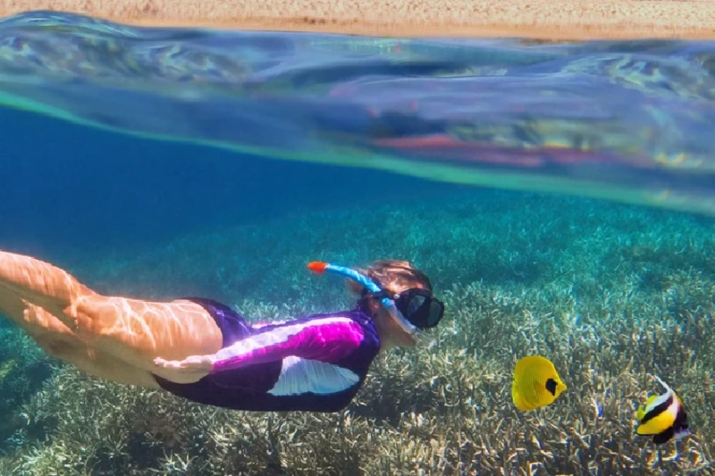 Mujer haciendo snorkel cerca de un arrecife de coral tropical.