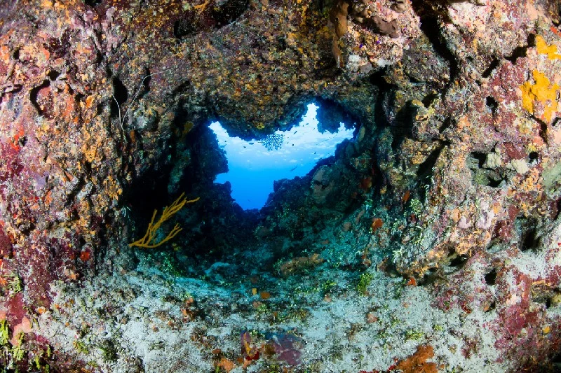 Vista submarina del Blue Hole en Dahab, Egipto con corales y buceador.