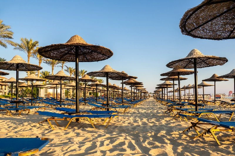Vista de la playa de Marsa Matrouh con arena dorada, sombrillas y tumbonas alineadas.