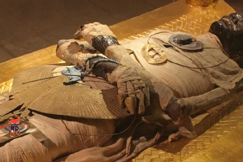 Momia egipcia con joyas y amuletos sobre un sarcófago dorado en el museo.