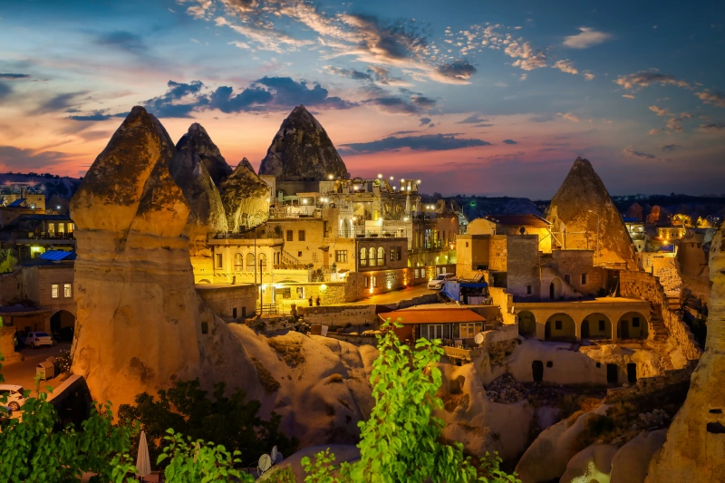 Goreme town on sunset in Cappadocia, Central Anatolia,Turkey