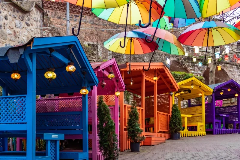 Scenic view of Balat with its colorful umbrella street.