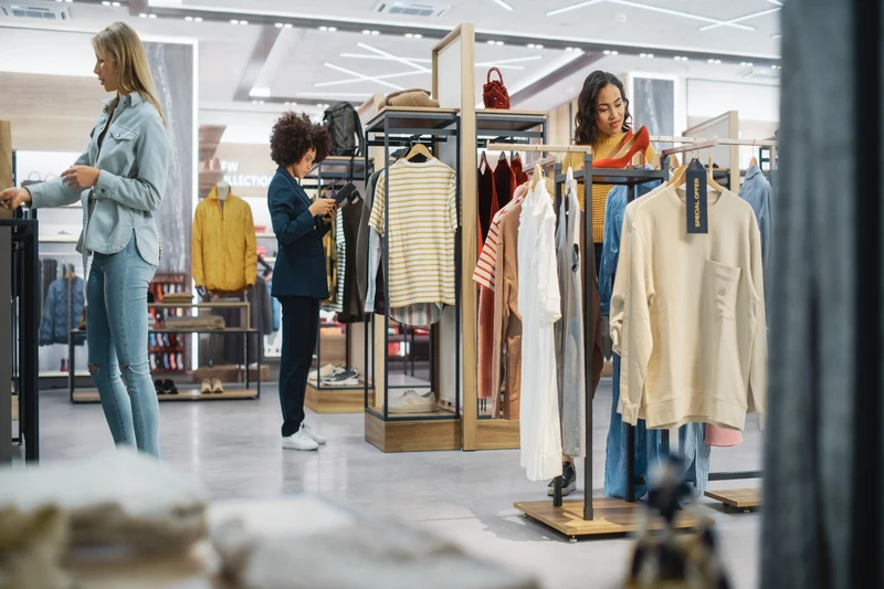 Clientes comprando en una tienda de ropa moderna Clientes comprando en una tienda de ropa moderna