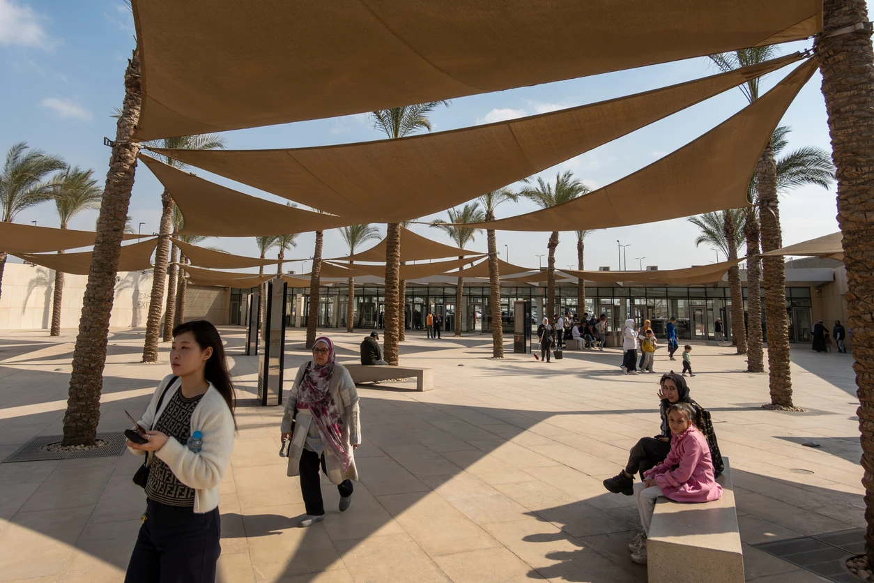 Tourists at the entrance of the Grand Egyptian Museum ,Grand Egyptian Museum