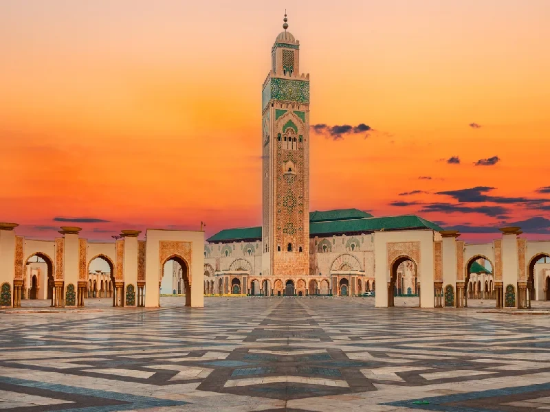 View of Hassan II Mosque at sunset.