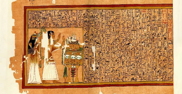 Un fragmento del Papiro de Ani (Libro de los Muertos), un manuscrito en papiro con jeroglíficos cursivos e ilustraciones a color, creado alrededor del año 1250 a. C.