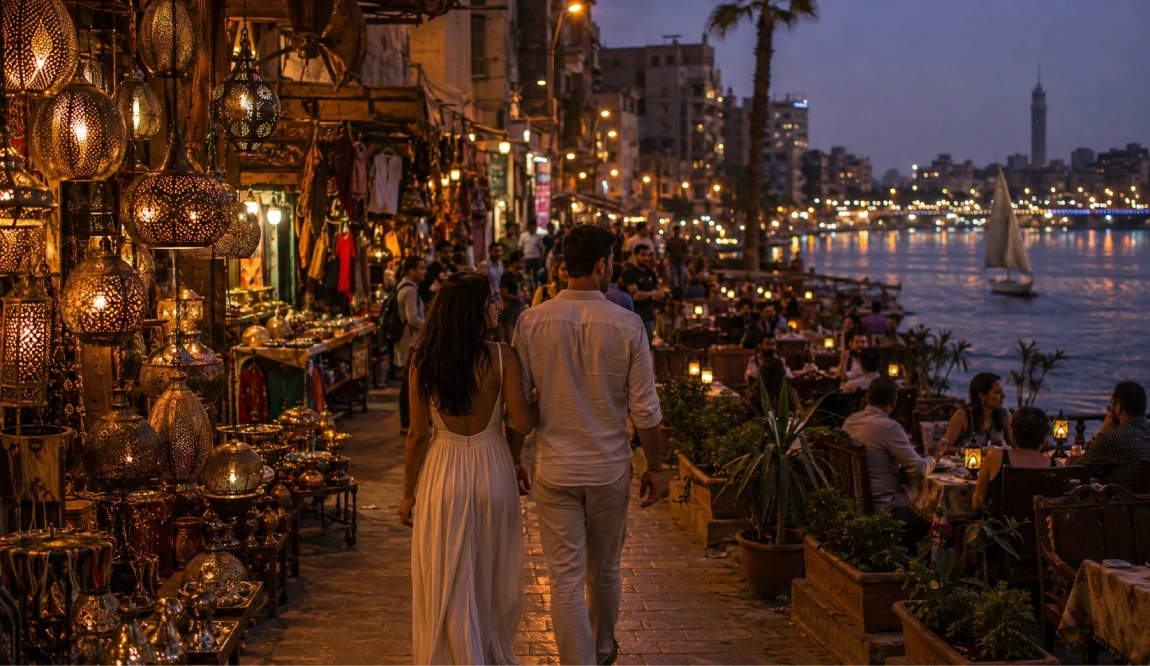 Dos novios y gente en egipto