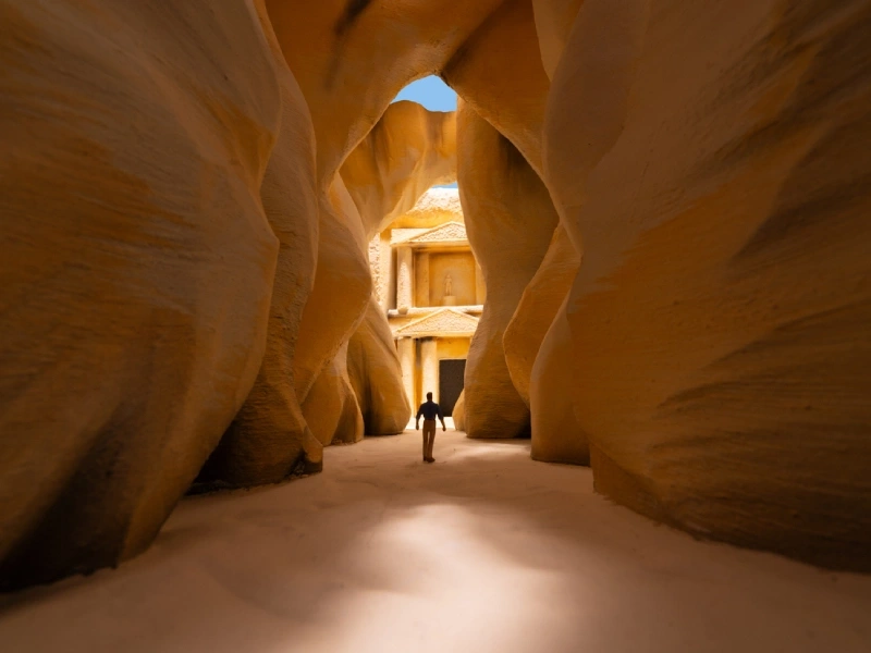 Viaggiatore nel Siq verso il Tesoro di Petra, Giordania a Natale
