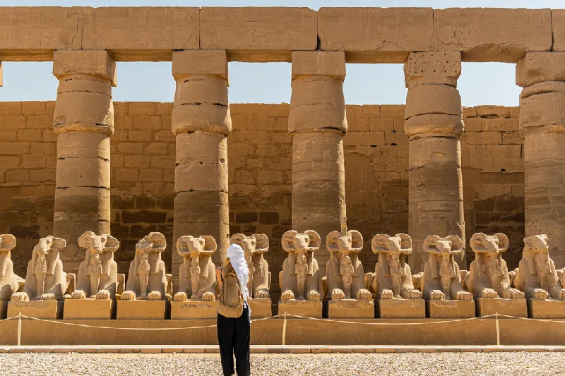 turista cammina tra sfingi, cairo e crociera nilo a pasqua