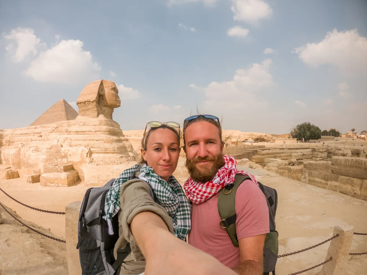 couple take selfie in front of the sphinx, 
