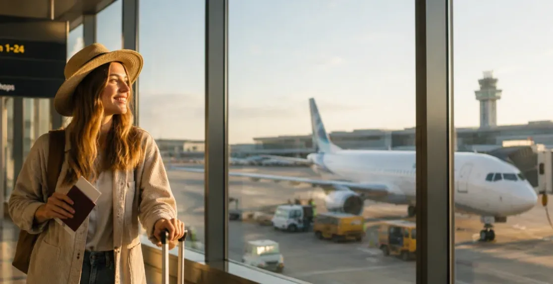 visto per l'egitto, viaggiatrice in aeroporto con passaporto
