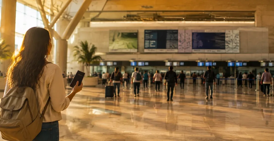 viaggiatrice in aeroporto pronta per partire in giordania, Visto per la Giordania
