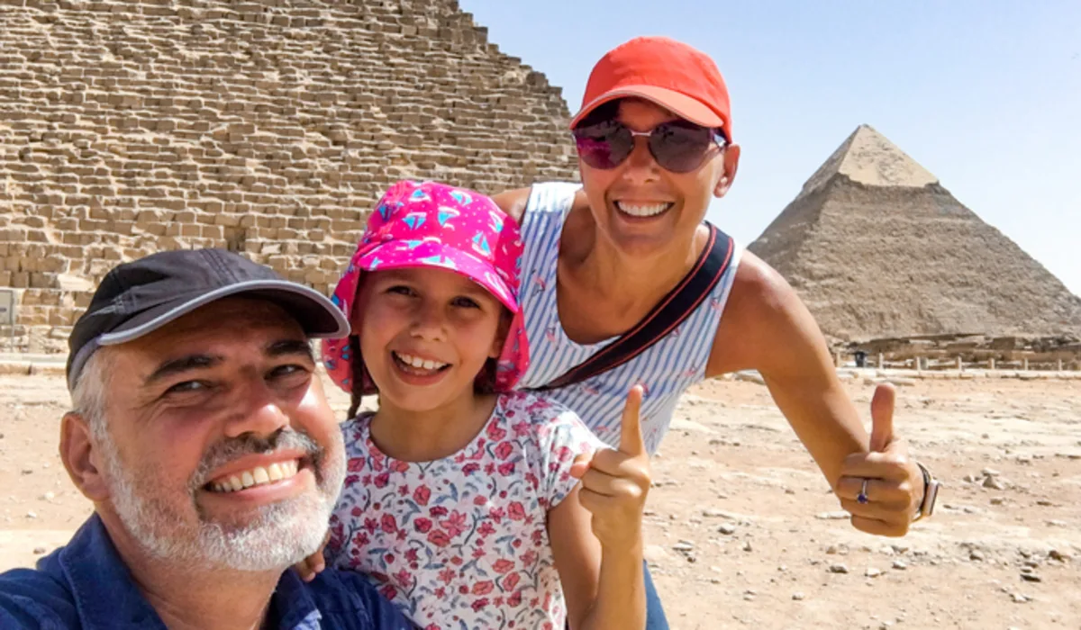 Family Enjoying Visiting Pyramids of Giza, Summer in Egypt