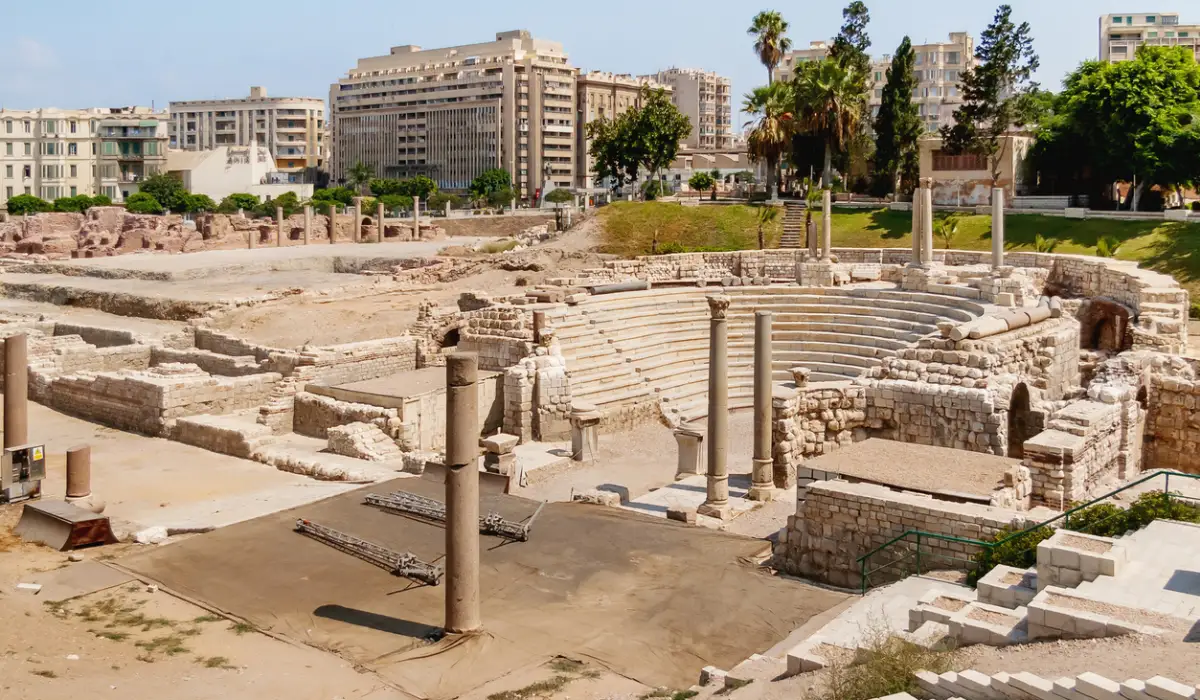 Ruins of the Roman amphitheatre of the II—IV centuries. Architectural landmark in Alexandria, Egypt.