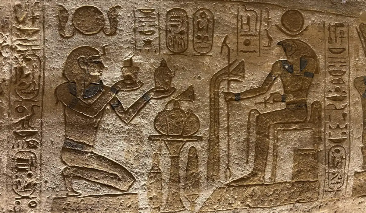 Pharaoh offering to Ra-Horakhty at Abu Simbel temple