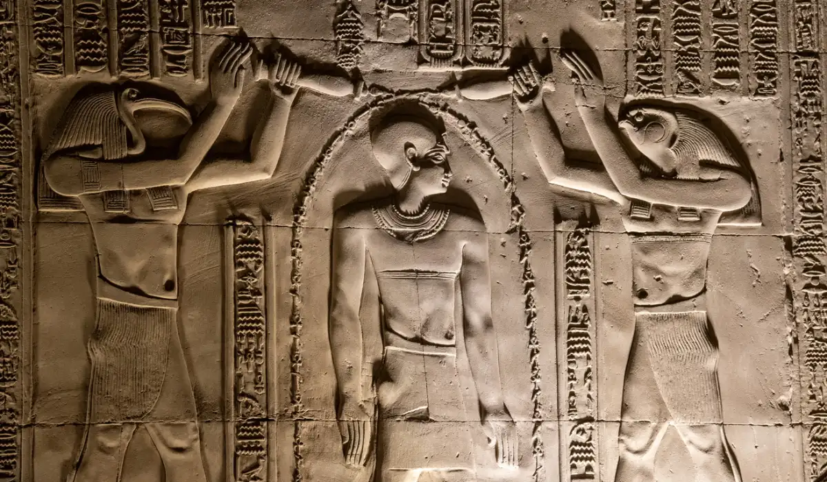 Relief of Thoth and Horus purifying Pharaoh Ptolemy at Kom Ombo Temple, Aswan, Egypt