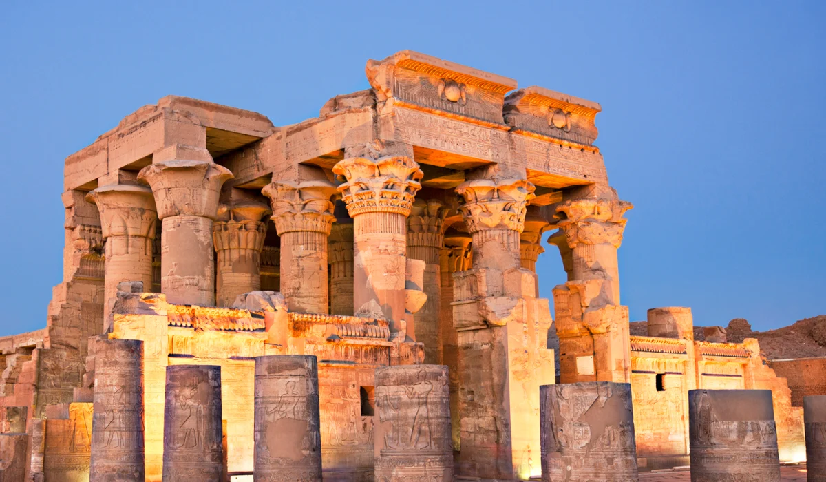 Kom ombo temple with lights at a sunset, Kom Ombo Temples