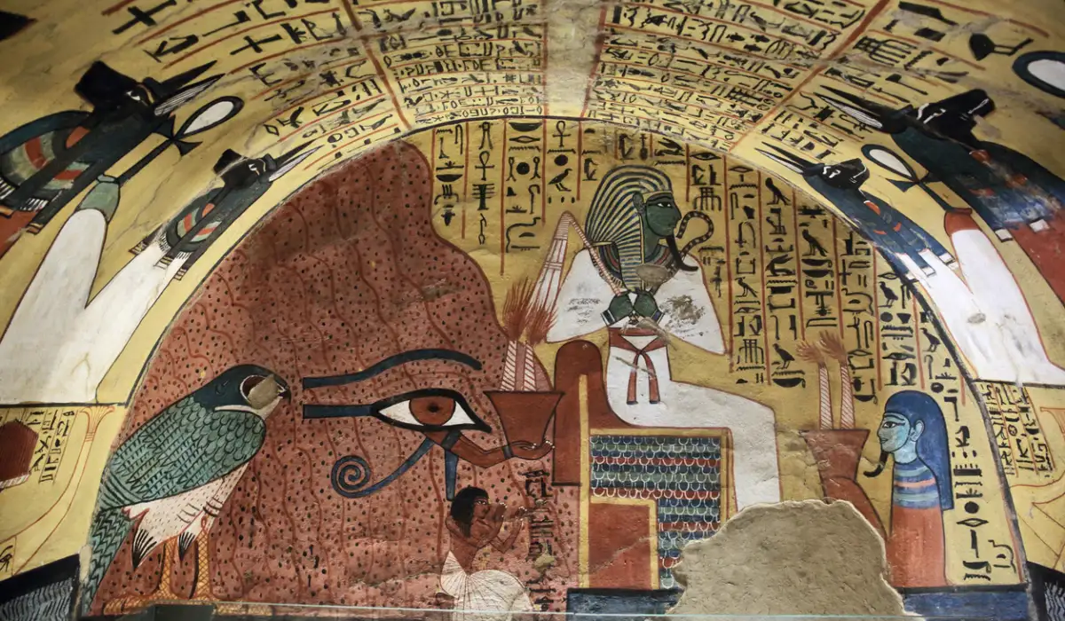 Wall painting and decoration of the tomb: ancient Egyptian gods and hieroglyphs in wall, Queens Valley