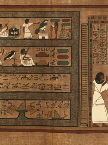 Ilustración vintage del Papiro de Ani, un manuscrito en papiro en forma de pergamino con jeroglíficos cursivos e ilustraciones en color.Rituales egipcios antiguos que aún inspiran el presente