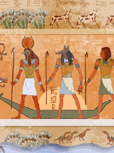 Escena del Antiguo Egipto, mitología. Dioses y faraones egipcios. Jeroglíficos grabados en los muros exteriores de un templo antiguo.
