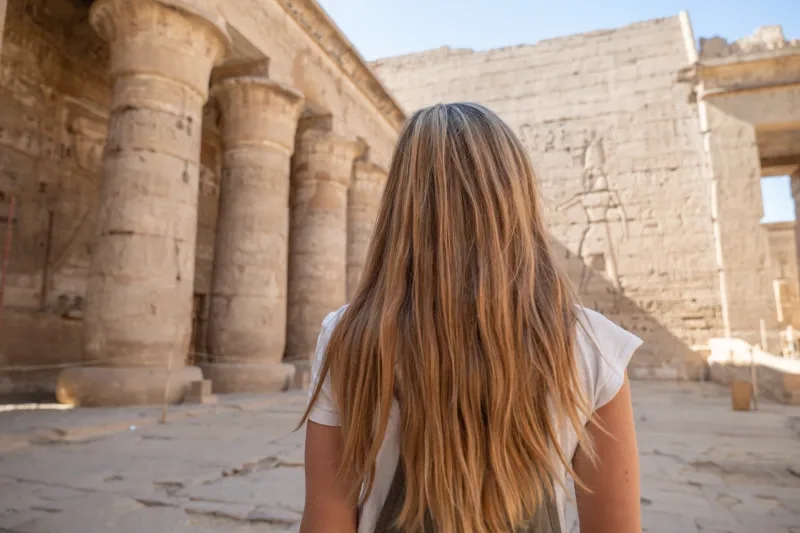 Ragazza di spalle all'interno del tempio di Karnak raggiunto in crociera sul Nilo