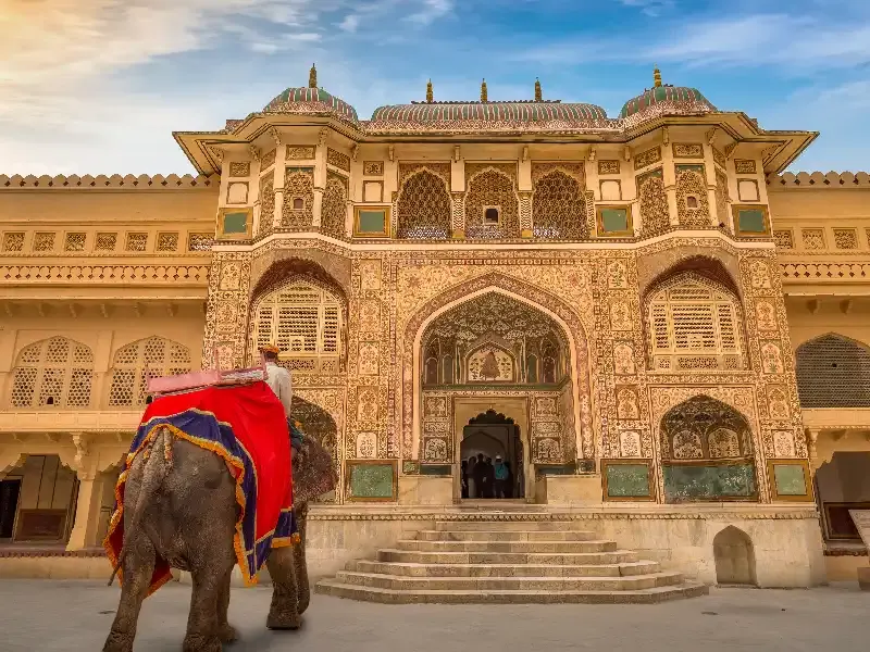 Elefante fotografato davanti a una residenzia tipica indiana, tra le cose da vedere in India