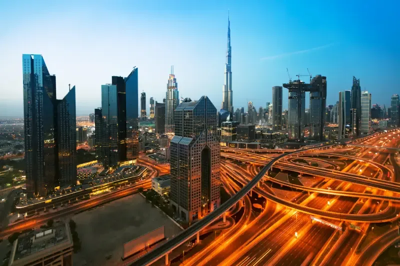 Vista panoramica del centro di Dubai al tramonto, Città di Dubai